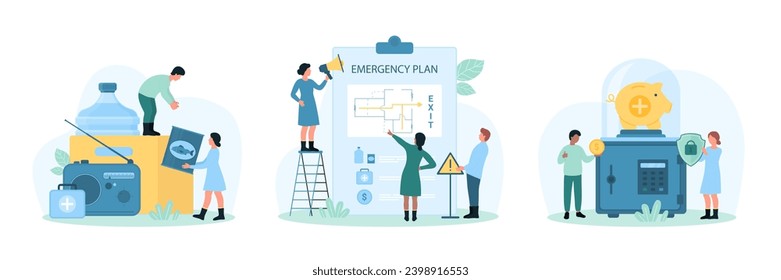 Evacuation preparedness in SOS cases of natural disaster and accident set vector illustration. Cartoon tiny people notice about safe exit from building, pack emergency survival kit, save money