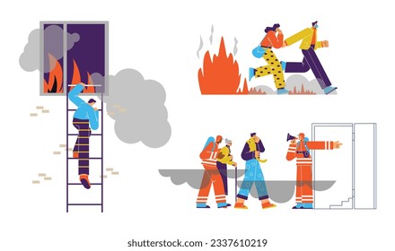 Evacuation and rescue of people from smoky buildings during a fire, cartoon characters set. Evacuation scenes bundle flat vector illustration isolated on white background.