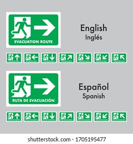 "Evacuation Route" sign, mandatory civil protection sign, for printed signs in two idioms, english and spanish