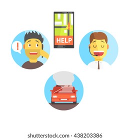Evacuation Service App And Operator Helping The Client Flat Simplified Colorful Vector Illustration Isolated On White Background