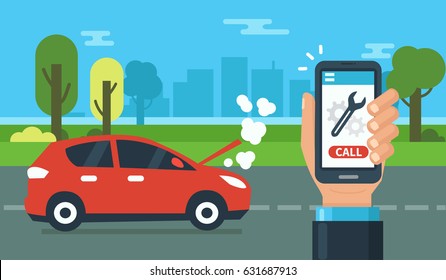 Evacuation service concept design for web banners, infographics. Car assistance at road. Flat style vector illustration.