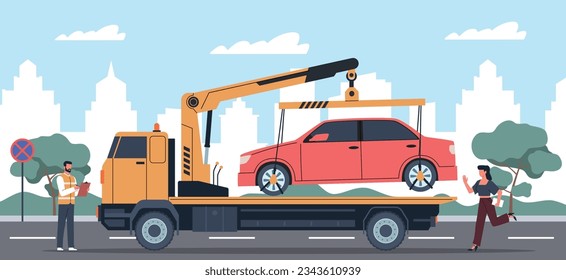 Evacuation service picks up car. Illegal parking, woman rushes to scene, cityscape, traffic situation, violation, automobile tow, roadside assistance nowaday vector cartoon flat concept