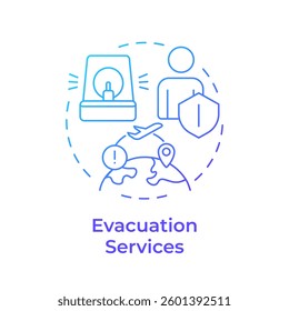 Evacuation services blue gradient concept icon. Safe removal from dangers. Travel management system. Round shape line illustration. Abstract idea. Graphic design. Easy to use in presentation