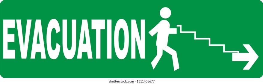 Evacuation sign on green background with with silhouette of a person, stairs and arrow symbol