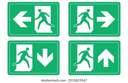 Evacuation sign. Set of emergency exit route signs with various direction arrows