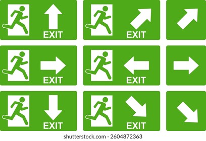 Evacuation signs, direction signs, evacuation signs with arrows. Background image, web banner, poster, vector illustration. Vector.