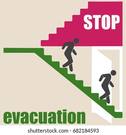 evacuation. stairs, door traveling people