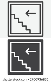 Ponteiro das escadas de evacuação em linha de estilo diferente e conjunto de ícone sólido. Contorno e sinal e símbolo de vetor sólido, traçado editável. Ícone do pictograma da saída de emergência para segurança.