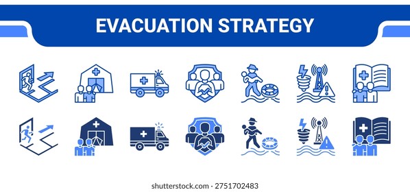 Evacuation Strategy Icon Collection, featuring Evacuation Plan, Crisis Shelter, Emergency Transport, Public Safety, Rescue Operation, Disaster Warning, Preparedness Training.