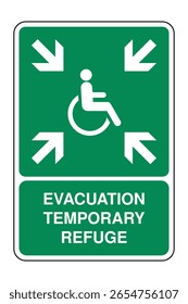 Evakuierung Temporäres Refugium-Schild mit Erklärung - Symbol der Barrierefreiheit für Notfall-Sicherheitszone mit Rollstuhl-Symbol und Richtungspfeilen
