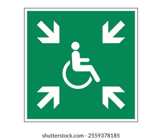 Evacuation Temporary Refuge Sign Featuring a Green Background with White Wheelchair Symbol and Arrows, Indicating a Safe Area for Individuals with Disabilities, Available as a Vector File, ISO 7010 E0