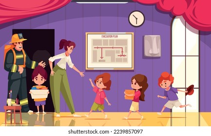 Evacuation training cartoon with school teacher children and firefighter vector illustration