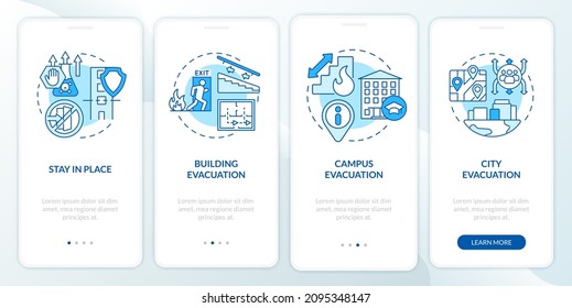 Evacuation types blue onboarding mobile app screen. Emergency solution walkthrough 4 steps graphic instructions pages with linear concepts. UI, UX, GUI template. Myriad Pro-Bold, Regular fonts used