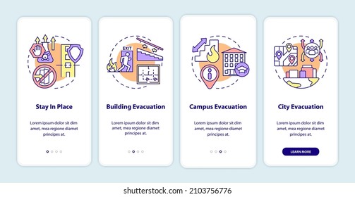 Evacuation types onboarding mobile app screen. Emergency service walkthrough 4 steps graphic instructions pages with linear concepts. UI, UX, GUI template. Myriad Pro-Bold, Regular fonts used
