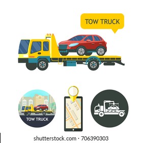 Evacuation Vehicles. Tow Truck For Transportation Faulty Cars. Design Logos, Icons. Phone GPS.