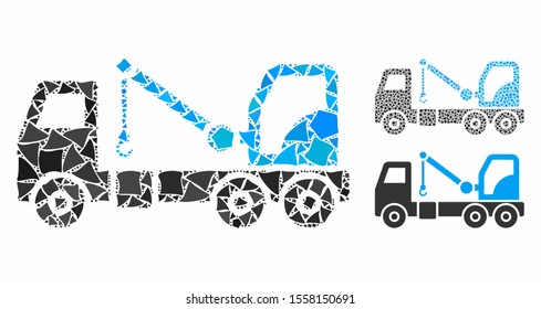 Evacuator car composition of uneven items in various sizes and color hues, based on evacuator car icon. Vector ragged parts are united into composition.