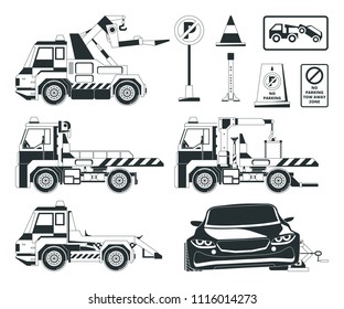 Evacuator cars. Monochrome pictures isolated. Evacuation transportation car, transport automobile for evacuating. Vector illustration