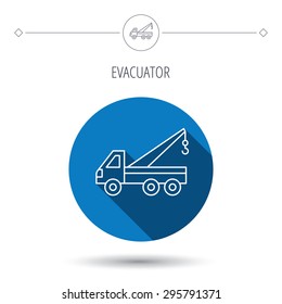 Evacuator icon. Evacuate parking transport sign. Blue flat circle button. Linear icon with shadow. Vector