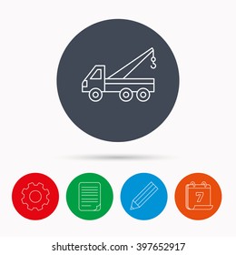 Evacuator icon. Evacuate parking transport sign. Calendar, cogwheel, document file and pencil icons.