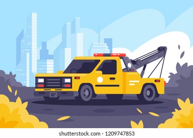 Evacuator on duty keeps order in the city. Concept modern side view tow truck, urban background, autumn leaf fall, city. Vector illustration.