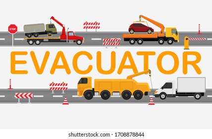 Evacuator road technical, working machine truck isolated on white, flat vector illustration. Flow highway traffic jam, tow truck carry broken car. City service transportation fracture vehicle.