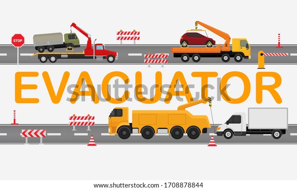 Evacuator road technical, working machine truck\
isolated on white, flat vector illustration. Flow highway traffic\
jam, tow truck carry broken car. City service transportation\
fracture vehicle.