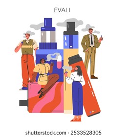 EVALI concept. Illustration depicting diverse people using e-cigarettes with ominous clouds. Health risks of vaping highlighted. Vector illustration.