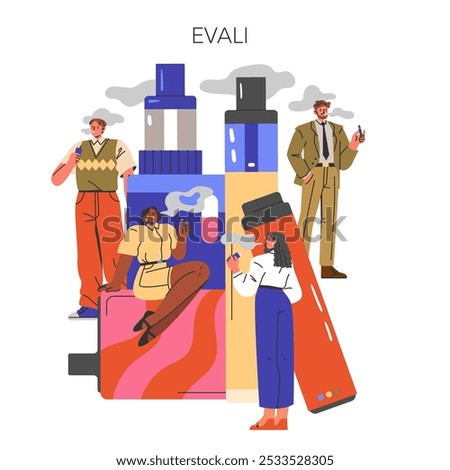 EVALI concept. Illustration depicting diverse people using e-cigarettes with ominous clouds. Health risks of vaping highlighted. Vector illustration.