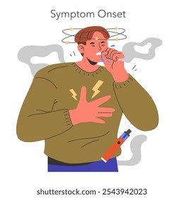 EVALI concept illustration. Man experiences discomfort vaping, depicting early symptoms of lung injury. Educational healthcare message on risks. Vector illustration.