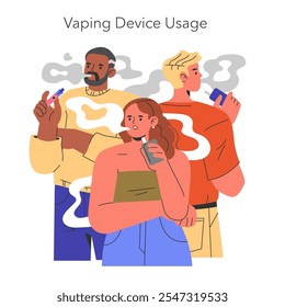 Ilustração do conceito EVALI. Três indivíduos que usam dispositivos de vaporização com fumaça visível, destacando a prevalência do uso de cigarros eletrônicos. Ilustração vetorial.