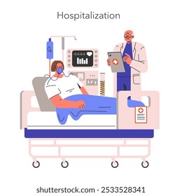 conceito EVALI. Paciente que recebe cuidados médicos para problemas pulmonares causados por vaporização, com monitoramento médico atento. Ilustração vetorial.