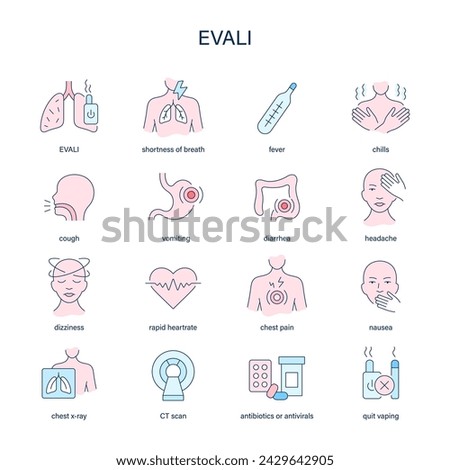EVALI, e-cigarette or vaping product use-associated lung injury vector icon set. 	Symptoms, diagnostic and treatment vector medical icons. 