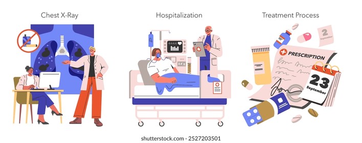 EVALI treatment illustration set. Patient care steps from diagnosis to recovery. Chest X-ray analysis, hospitalization with oxygen therapy, and medication regimen. Vector illustration.