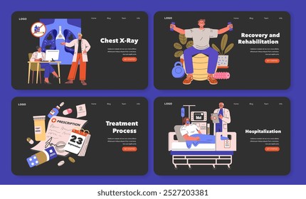 Conjunto de tratamento EVALI. Ilustrar o tratamento do paciente desde o diagnóstico até a recuperação. Análise de raios-X torácicos, tratamento de prescrição, hospitalização e reabilitação. Ilustração vetorial.