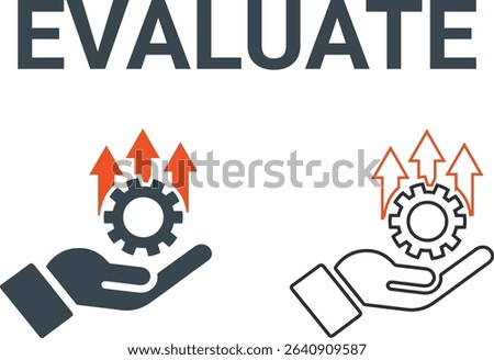 Evaluate icons. Line art icons design. This includes inspection, evaluation, product quality assurance, process, testing, and more. Solid vector icons collection.