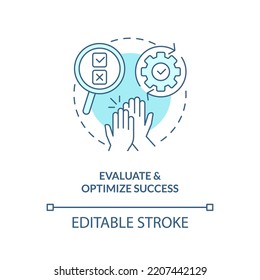 Evaluate and optimize success turquoise concept icon. Lead nurturing campaign abstract idea thin line illustration. Isolated outline drawing. Editable stroke. Arial, Myriad Pro-Bold fonts used