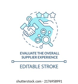 Evaluate overall supplier experience turquoise concept icon. Effective purchasing abstract idea thin line illustration. Isolated outline drawing. Editable stroke. Arial, Myriad Pro-Bold fonts used