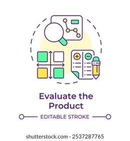 Evaluate product multi color concept icon. Reverse engineering process. Assessment and analysis. Round shape line illustration. Abstract idea. Graphic design. Easy to use in article