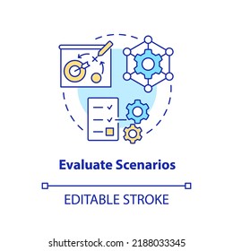 Evaluate scenarios concept icon. Optimize operational metrics. Supply chain priority abstract idea thin line illustration. Isolated outline drawing. Editable stroke. Arial, Myriad Pro-Bold fonts used