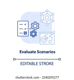 Evaluate scenarios light blue concept icon. Optimization. Supply chain priority abstract idea thin line illustration. Isolated outline drawing. Editable stroke. Arial, Myriad Pro-Bold fonts used