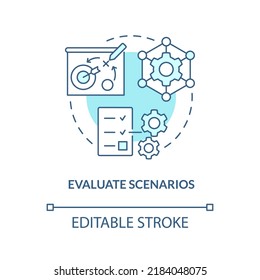 Evaluate scenarios turquoise concept icon. Operational metrics. Supply chain priority abstract idea thin line illustration. Isolated outline drawing. Editable stroke. Arial, Myriad Pro-Bold fonts used