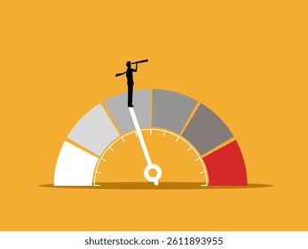 Evaluate Score, Forecast, Businessman Holding Telescope on Performance Measure