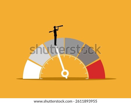 Evaluate Score, Forecast, Businessman Holding Telescope on Performance Measure