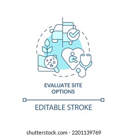 Evaluate Site Options Turquoise Concept Icon. Environment. Housing Development Tip Abstract Idea Thin Line Illustration. Isolated Outline Drawing. Editable Stroke. Arial, Myriad Pro-Bold Fonts Used