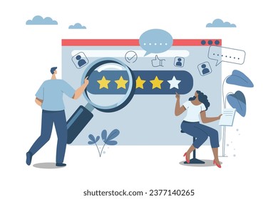 Evaluating in the best credit ratings and customer satisfaction, People's reviews and feedback ideas, A team of business people analyzes the reviews or feedback on the organization's products.