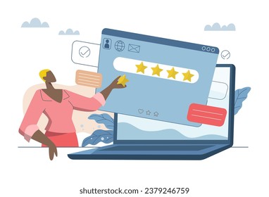 Evaluating in the best credit ratings and customer satisfaction, Performance ratings or user recommendations, Business woman checking customer feedback report in laptop. Vector design illustration.