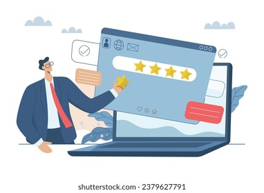 Evaluating in the best credit ratings and customer satisfaction, Performance ratings or user recommendations, Businessman checking customer feedback report in laptop. Vector design illustration.