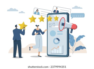 Evaluating in the best credit ratings and customer satisfaction, People's reviews and feedback ideas, Team of business people analyzing reviews or feedback on corporate products in smartphones.