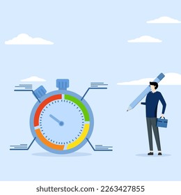 evaluating efficiency or project resource planning concept, Time tracking or time management system to manage project or productivity, businessman standing with stop watch timer spending time pie char