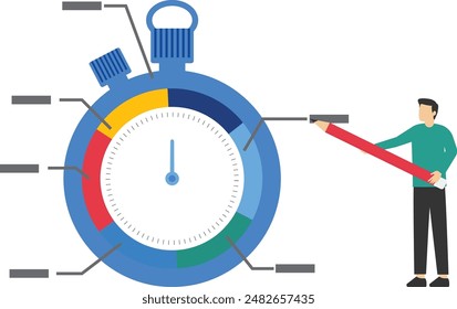 evaluating efficiency or project resource planning concept, Time tracking or time management system to manage project or productivity, businessman standing with stopwatch timer spending time pie chart